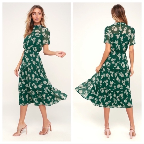Lulus Dark Green Floral Midi Dress BH. - Picture 1 of 16
